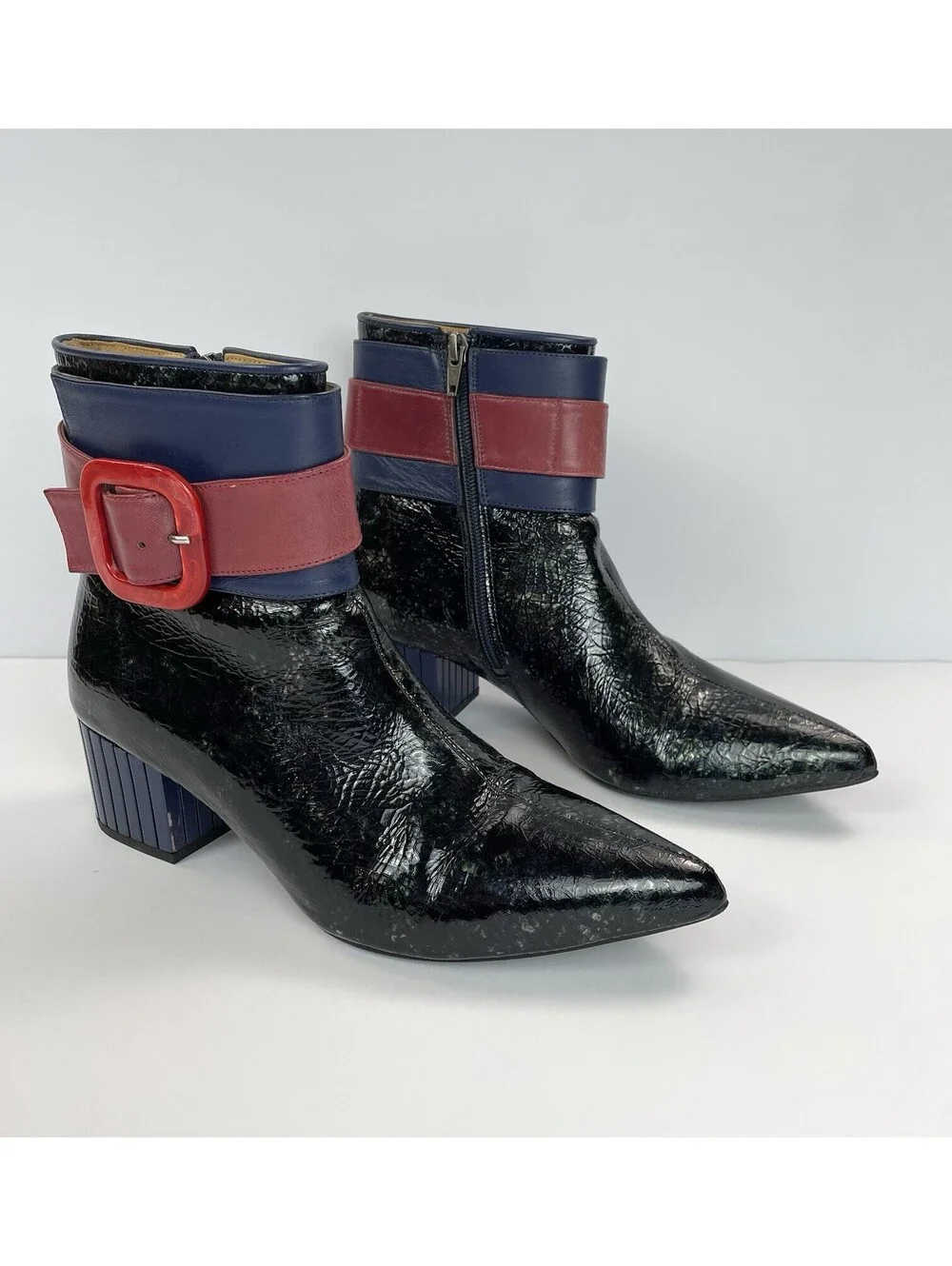 John Fluevog Effortless Miranda Boots Patent Leather Red Buckle Ankle 9.5